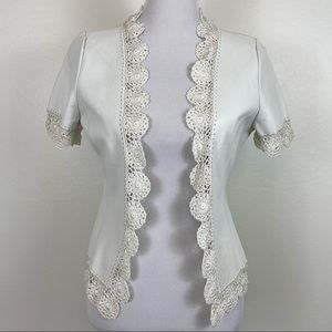 Lace-Trim White Short Sleeve Leather Jacket